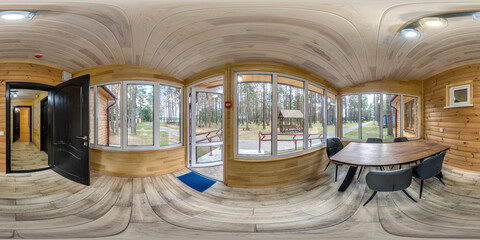 360 hdri panorama inside interior of entrance hall with banquet table in wooden vacation eco homestead in forest in full seamless equirectangular spherical  projection