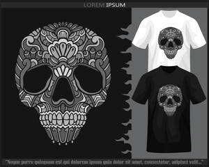 Monochrome skull head mandala arts isolated on black and white t shirt.