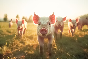 Curious little pigs on a farm looks into the camera. Lots of cute piglets on the walk. Pig farming. 
