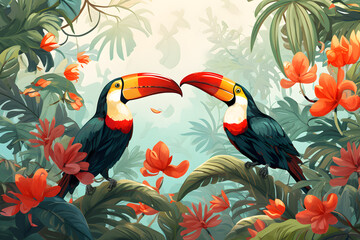 Tropical Treasures: Illustration of Toucans in the Rainforest Paradise
