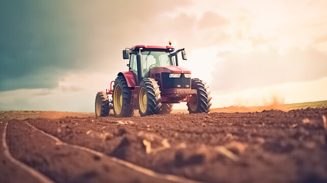 Agricultural tractor sowing seeds and cultivating field. Agricultural machinery work.