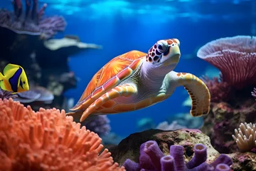  turtle gliding through coral reef © AGSTRONAUT