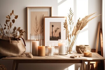 Scandinavian interior design for warm home with photo frame, candles, garlands, and dried herbs on white background. Generative AI