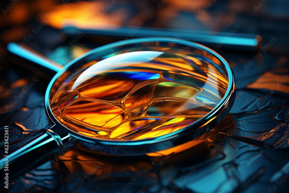 Aufkleber A macro shot of a magnifying glass lens, highlighting the curved surface and its ability to magnify small objects.  Generative AI technology.