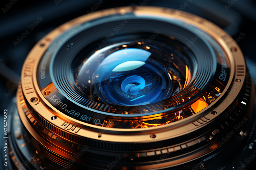 Aufkleber a close-up photograph of a camera lens, showcasing its intricate glass elements and the focal length