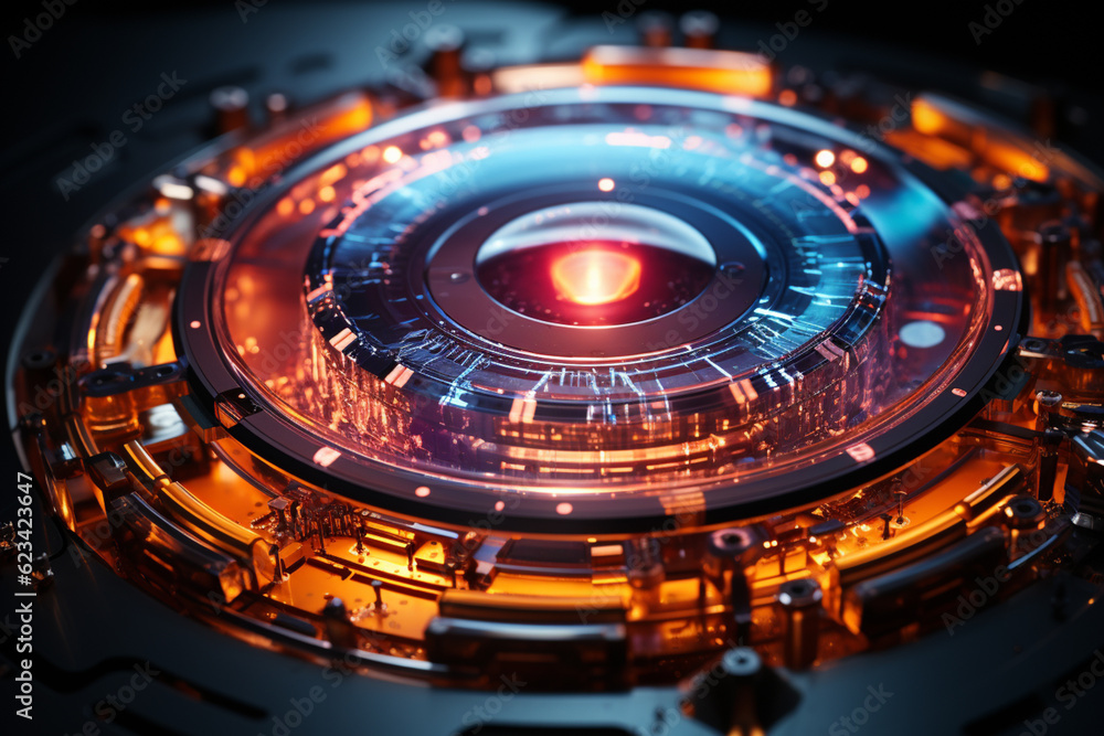 Aufkleber A cross-section image of a camera lens, revealing the arrangement of lens elements and their role in focusing light.  Generative AI technology.