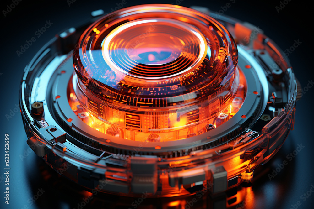 Aufkleber A cross-section image of a camera lens, revealing the arrangement of lens elements and their role in focusing light.  Generative AI technology.