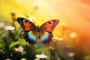 Fototapeta na wymiar Butterfly with a rainbow background
