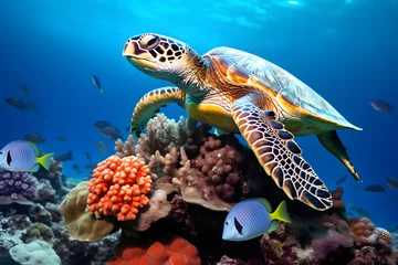 Zelfklevend Fotobehang green sea turtle with coral reff © AGSTRONAUT