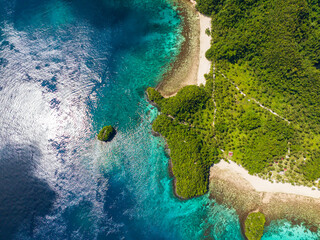 Top view of white sand beach with palm trees in tropical island. Turquoise water near the coast. Mindanao, Philippines.