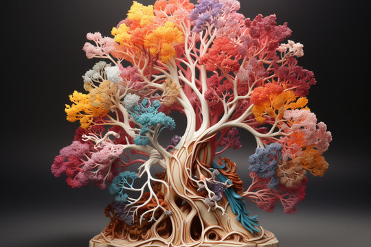 A detailed anatomical illustration of the bronchial tree, showing the main bronchi, lobar bronchi, and segmental bronchi.  Generative AI technology.