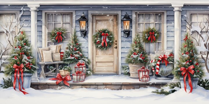 AI Generated. AI Generative. Xmas merry christmas new year decoration decor background of house home front door porch with garland and holiday decor. Winter family celebration vibe. Graphic Art