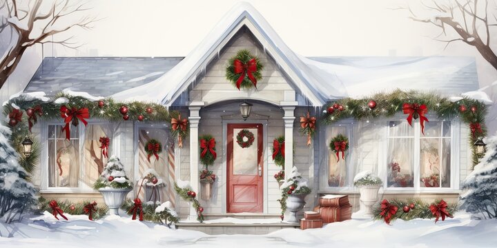 AI Generated. AI Generative. Xmas merry christmas new year decoration decor background of house home front door porch with garland and holiday decor. Winter family celebration vibe. Graphic Art