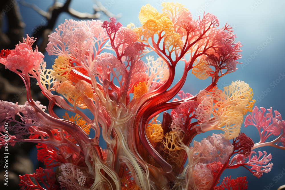 Poster A digital rendering of the bronchial tree, highlighting the bronchial tubes and their connection to the lung lobes.  Generative AI technology.