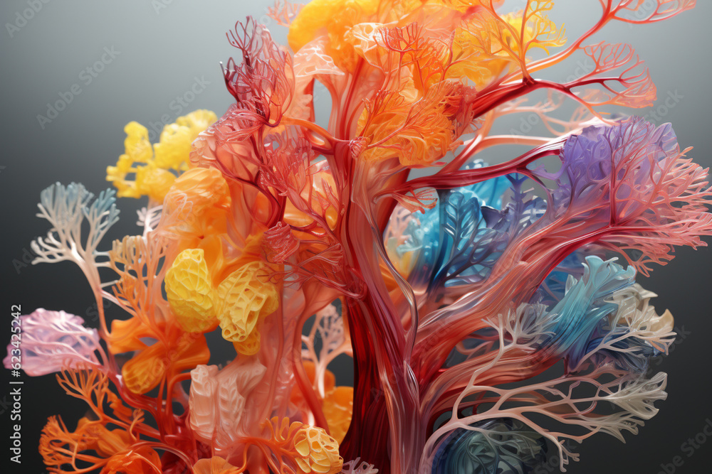 Poster A digital rendering of the bronchial tree, highlighting the bronchial tubes and their connection to the lung lobes.  Generative AI technology.