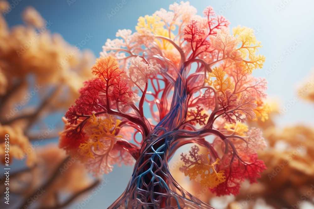 Poster A digital rendering of the bronchial tree, highlighting the bronchial tubes and their connection to the lung lobes.  Generative AI technology.