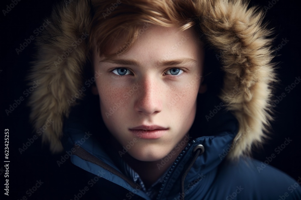 Canvas Prints Close-up portrait photography of a tender boy in his 20s wearing a warm parka against a navy blue background. With generative AI technology