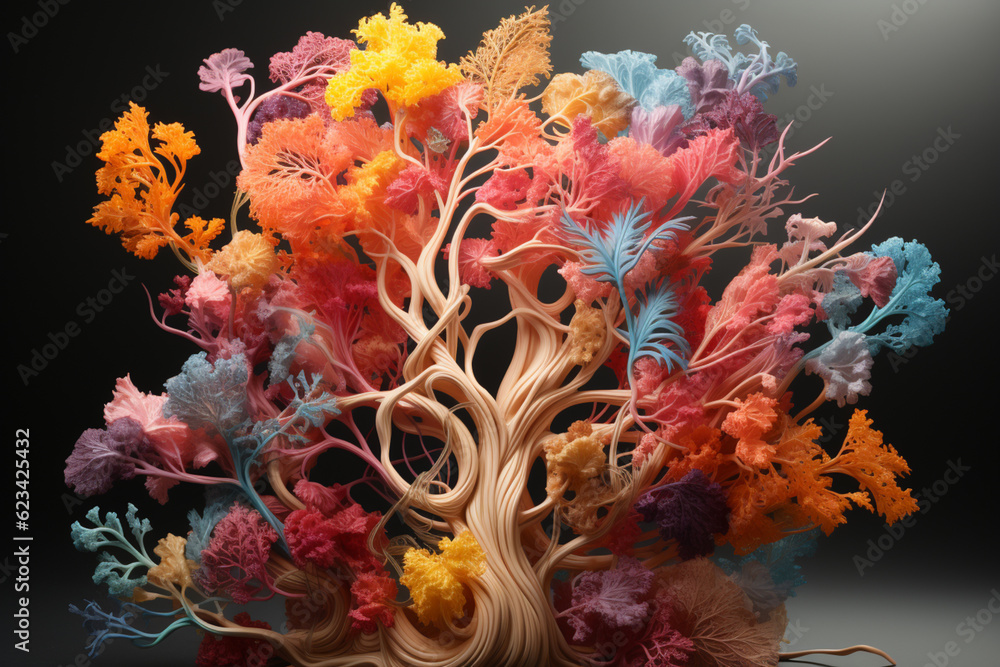 Poster the progressive branching of the bronchial tree, from the trachea to the smallest bronchioles. Generative AI technology.
