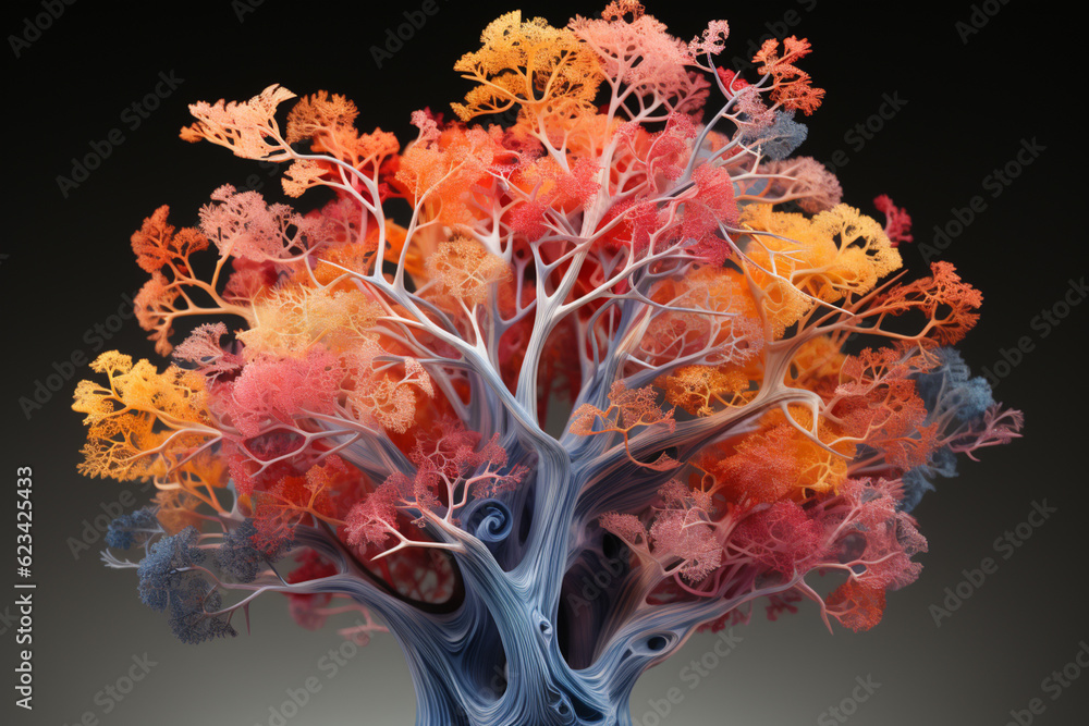 Poster the progressive branching of the bronchial tree, from the trachea to the smallest bronchioles. Generative AI technology.