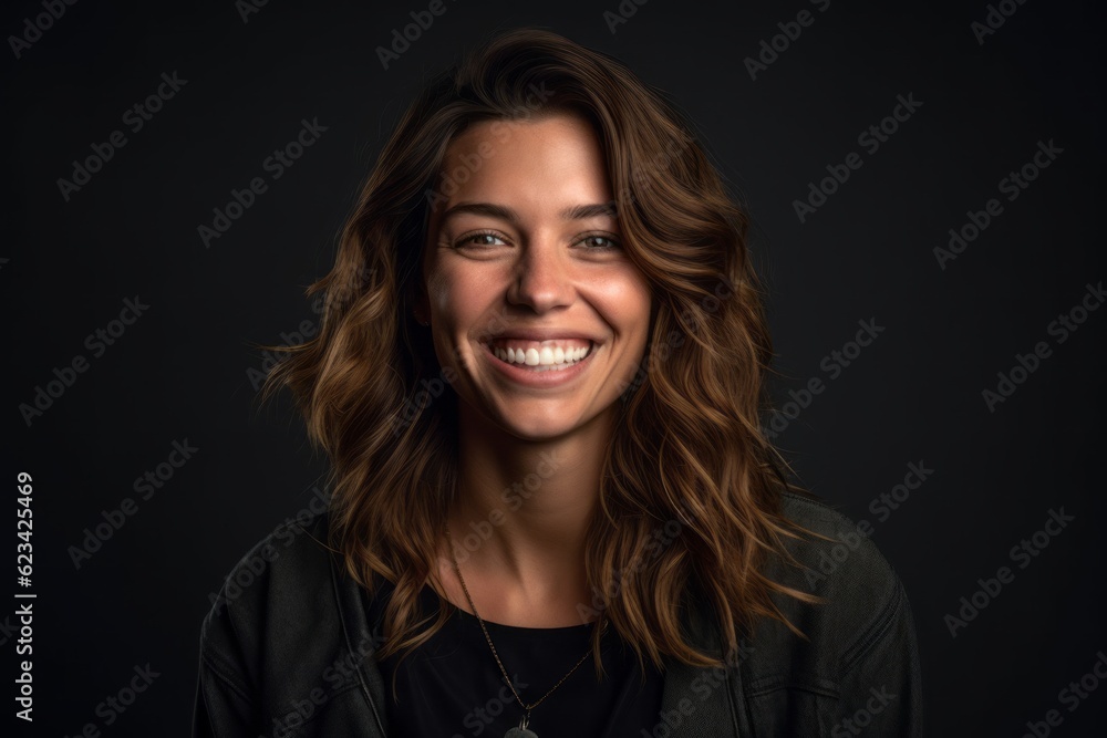 Wall mural Close-up portrait photography of a happy girl in her 30s wearing a chic cardigan against a matte black background. With generative AI technology