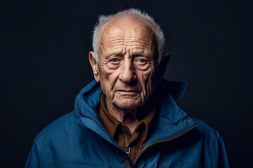Fototapeta premium Medium shot portrait photography of a beautiful old man wearing a lightweight windbreaker against a navy blue background. With generative AI technology