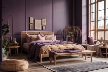 Scandinavian modern timber bedroom with purple toned rattan furniture, a fake frame, a double bed with a duvet and pillows, a bench by the window, a carpet, a mirror, a lamp, and other decorations. Pa