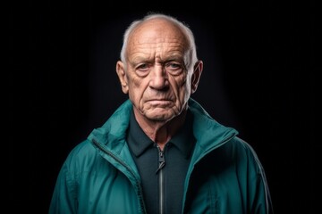 Medium shot portrait photography of a beautiful old man wearing a lightweight windbreaker against a navy blue background. With generative AI technology