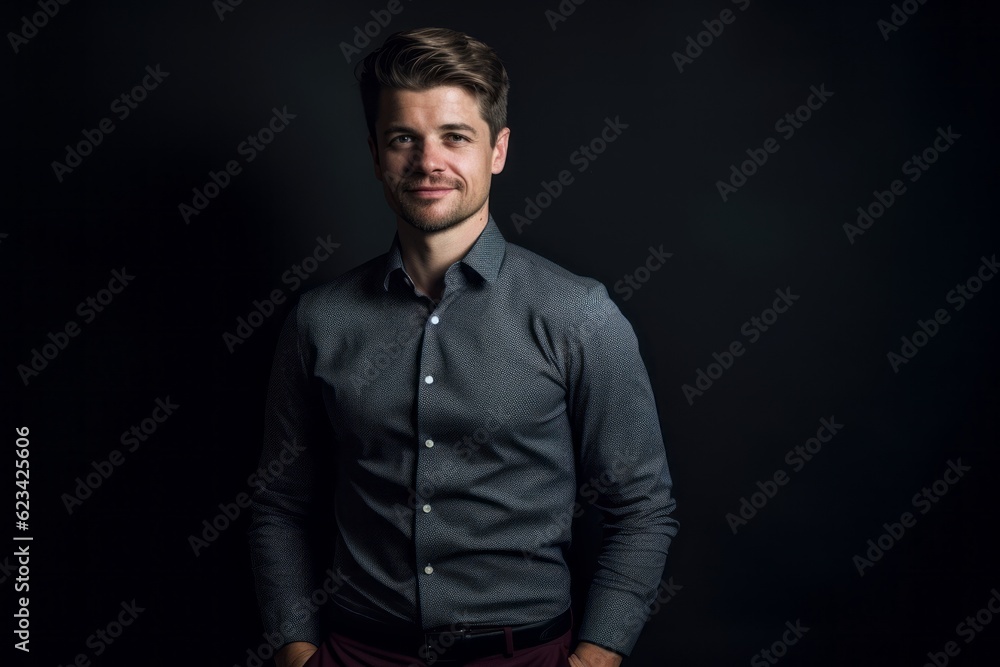 Wall mural Lifestyle portrait photography of a glad boy in his 30s wearing an elegant long-sleeve shirt against a matte black background. With generative AI technology