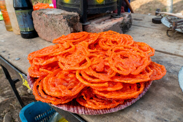 Jalebi, Indian Traditional dessert Cuisine in a road side food stall. India