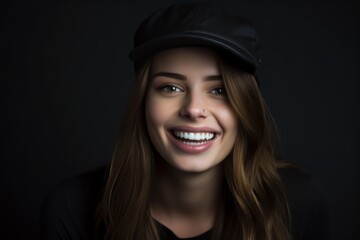 Conceptual portrait photography of a happy girl in her 20s wearing a cool cap or hat against a matte black background. With generative AI technology