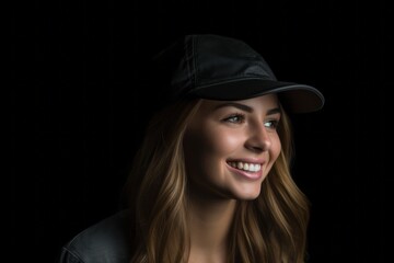 Conceptual portrait photography of a happy girl in her 20s wearing a cool cap or hat against a matte black background. With generative AI technology