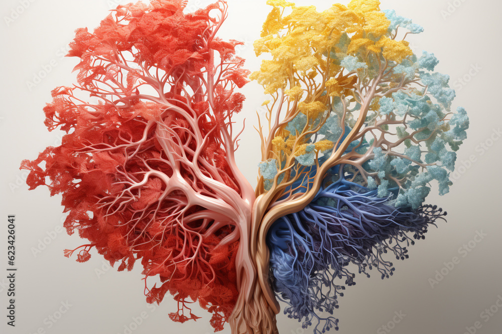 Poster a medical illustration comparing a healthy bronchial tree to a bronchial tree affected by a respirat
