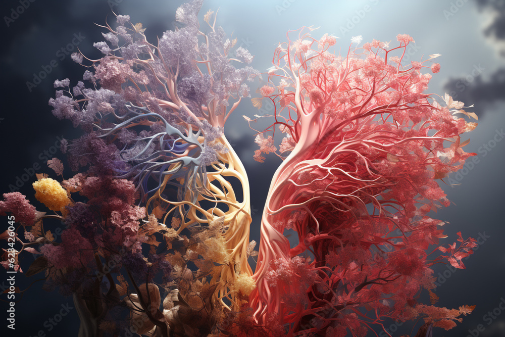 Poster a medical illustration comparing a healthy bronchial tree to a bronchial tree affected by a respirat