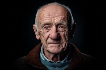 Obraz premium Close-up portrait photography of a glad old man wearing a cozy sweater against a matte black background. With generative AI technology