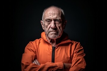 Medium shot portrait photography of a glad old man wearing a comfortable tracksuit against a matte black background. With generative AI technology