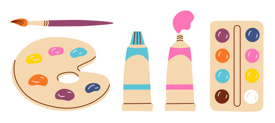 Painting tools elements vector set in cartoon style. Art supplies: paint tubes, brushes, watercolor, palette.