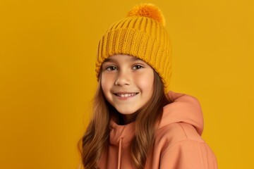 Close-up portrait photography of a satisfied kid female wearing a warm beanie against a bright yellow background. With generative AI technology