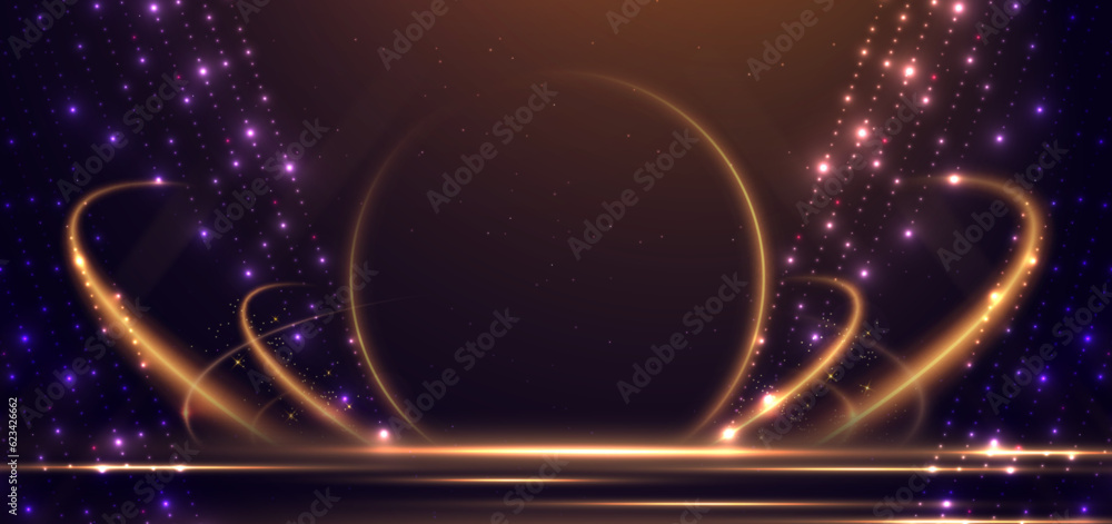 Poster elegant golden scene circle glowing with lighting effect sparkle and bokeh on brown background. temp