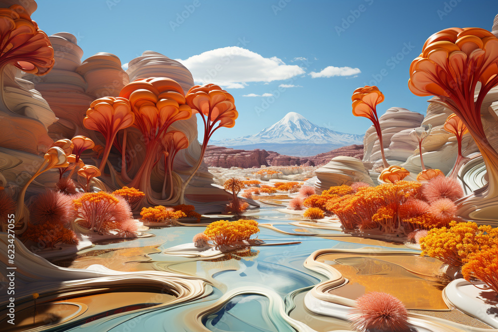 Poster desert landscape, with abstract shapes and colors conveying the harsh yet captivating nature of the environment.  Generative AI technology.