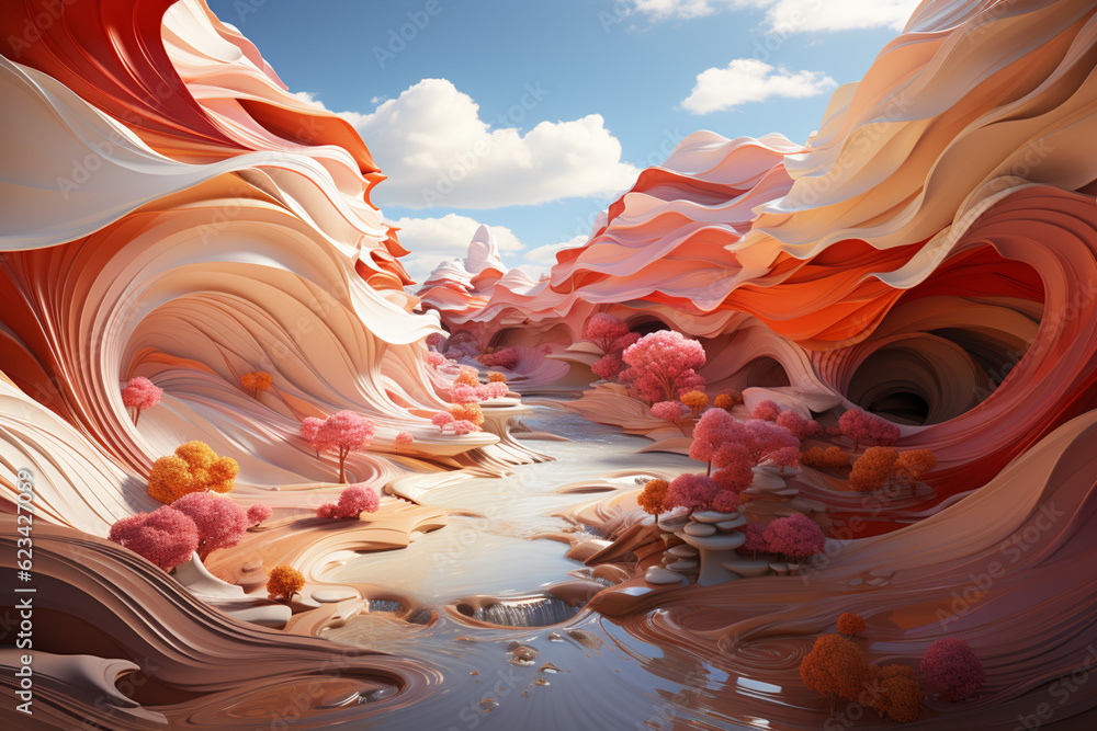 Poster desert landscape, with abstract shapes and colors conveying the harsh yet captivating nature of the environment.  Generative AI technology.