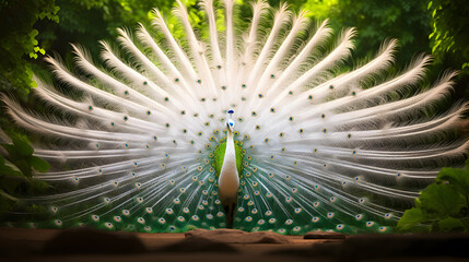 white peacock with feathers in nature - obrazy, fototapety, plakaty