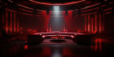 AI Generated. AI Generative. Red indoor interior night club vip luxury design decoration. Part drink bar restaurant night club night lifestyle.Graphic Art