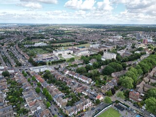 Establishing shot Walthamstow East London UK town hall aerial.