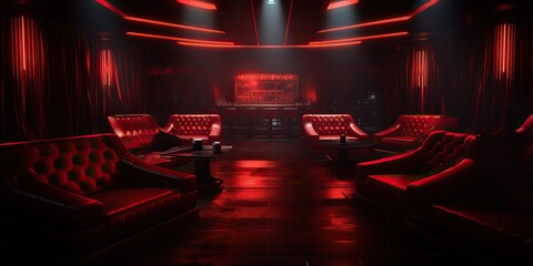 AI Generated. AI Generative. Red indoor interior night club vip luxury design decoration. Part drink bar restaurant night club night lifestyle.Graphic Art