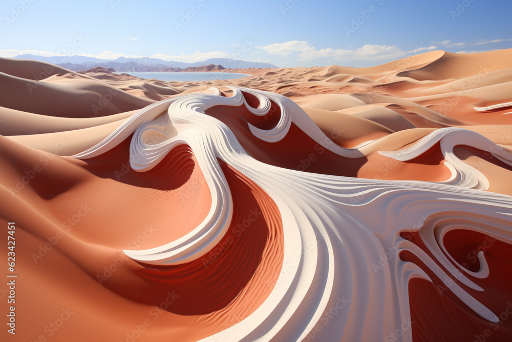 Poster capturing the mesmerizing patterns created by windblown sand, resembling waves or ripples frozen in time.  Generative AI technology.