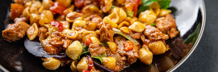 pasta salad tuna and vegetable food healthy meal food vegetables snack on the table copy space food background rustic top view keto or paleo diet pescatarian diet
