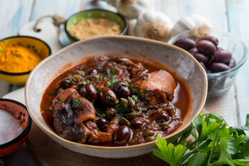 stewed polyps with tomato sauce black olives capers and parsley
