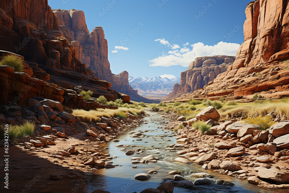 Poster a desert canyon, with towering rock formations carved by centuries of erosion, creating a dramatic a