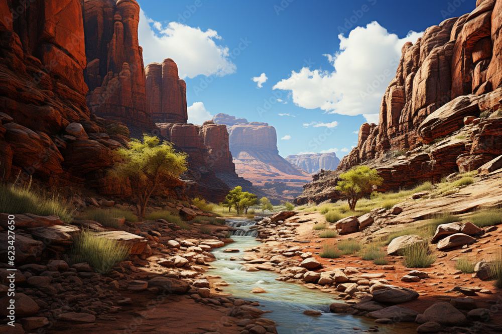 Poster a desert canyon, with towering rock formations carved by centuries of erosion, creating a dramatic a