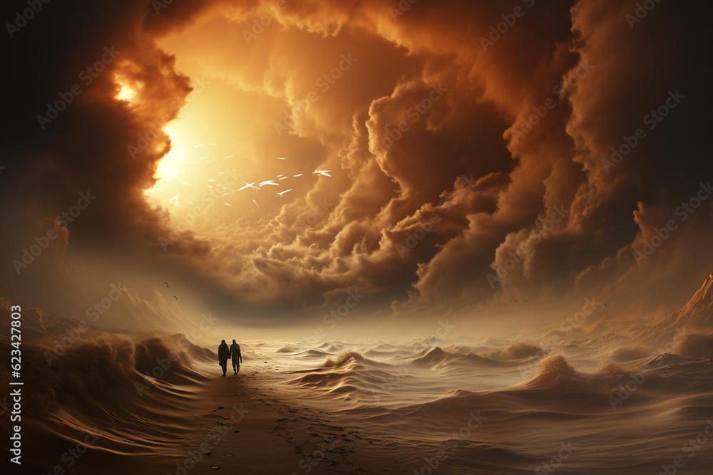 Poster a sandstorm brewing on the horizon, with swirling clouds of dust and sand obscuring the landscape an